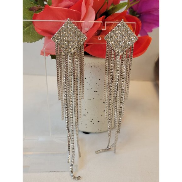 Rhinestone Statement Dangle Earrings With Long Tassels Wedding Boho Fringe 5" - Picture 5 of 6